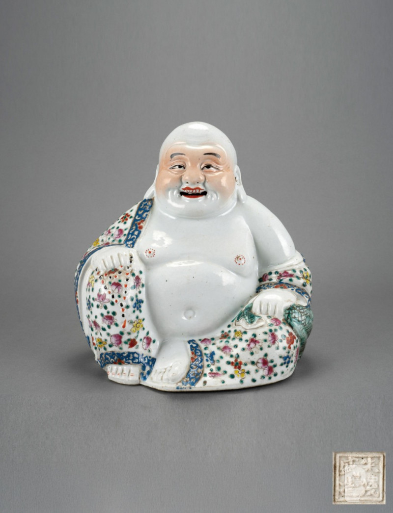    民國 粉彩布袋佛“朱茂記”製